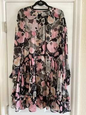 See By Chloe 100% Silk Chiffon Mini Dress Watercolor Floral Print Ruffles Pleats